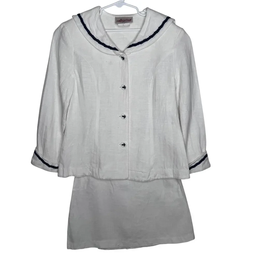 1990s Storybook Heirloom Girls Sailor Linen Set White Navy Nautical age 7 USA